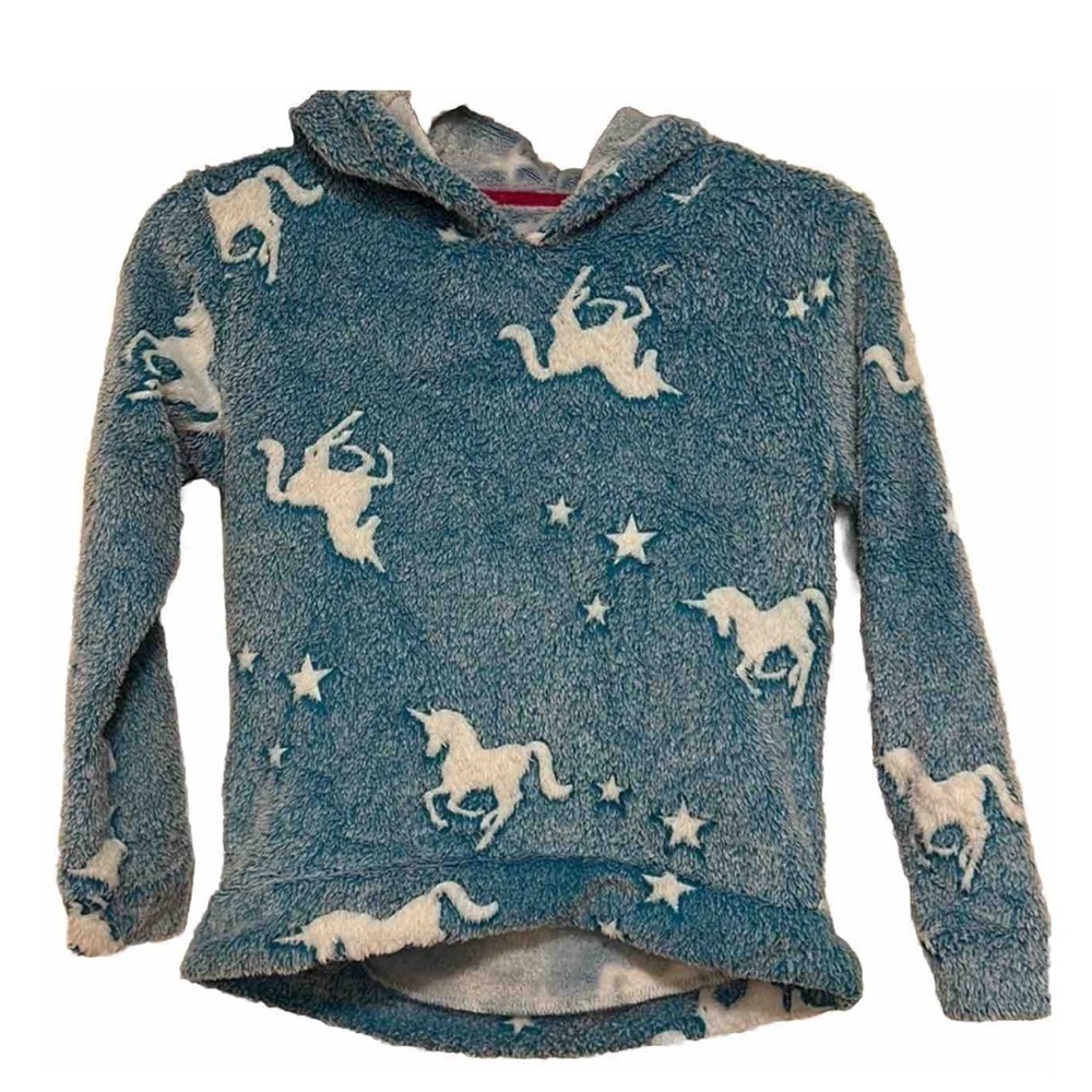 Blue Unicorn Fuzzy Hoodie - Boston Traders - Size Kids 7/8 -Good Condition